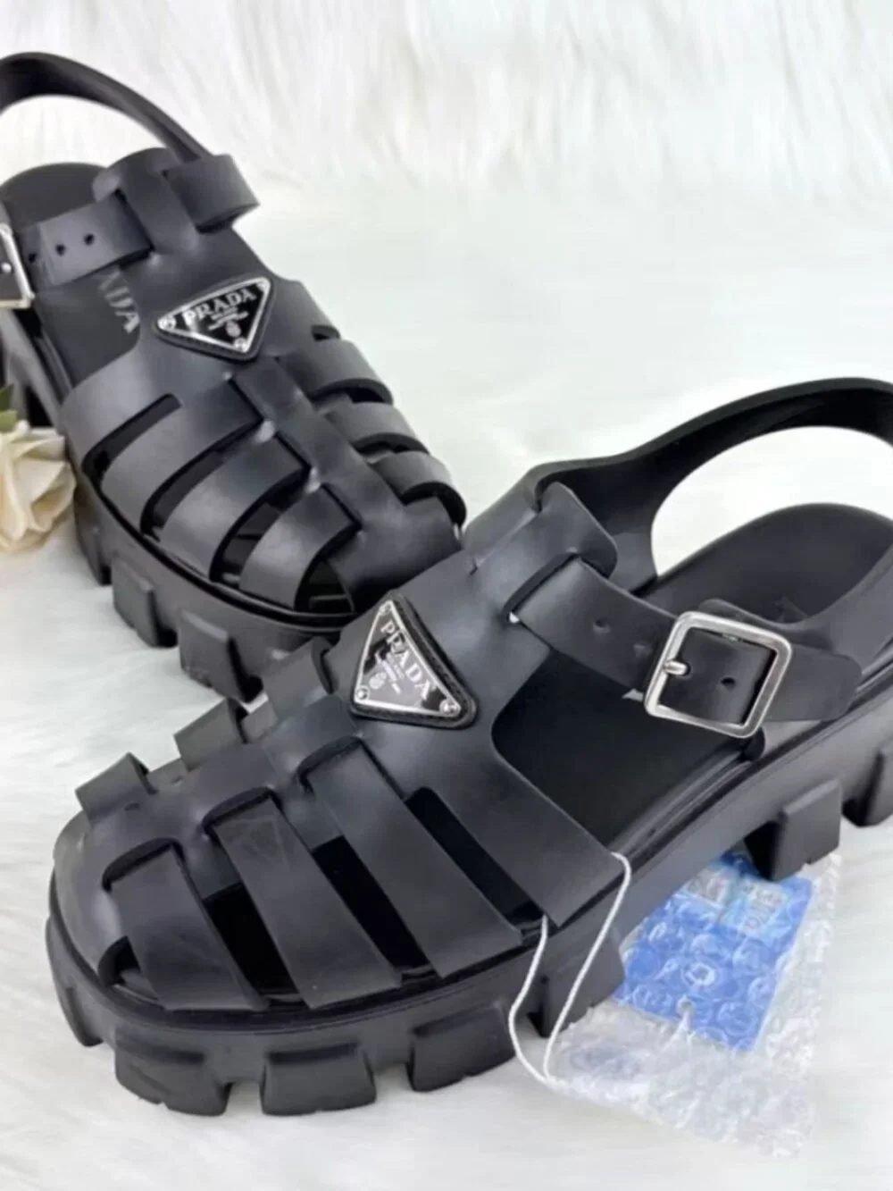 Prada Black Woven Cage Platform Lug Sole Slingback Sandals
